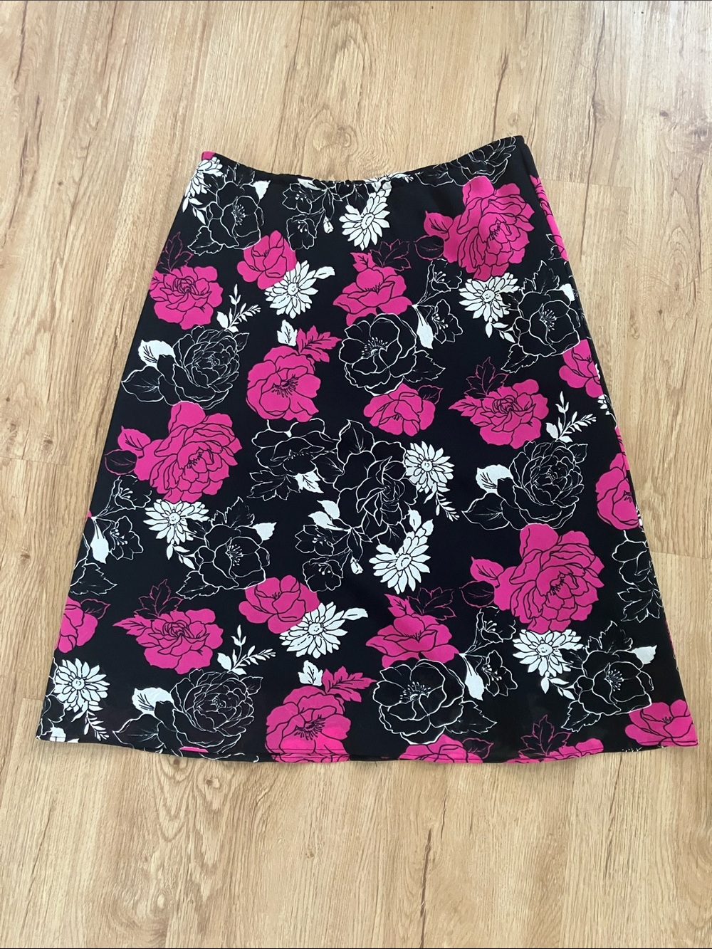 Y2k George Black Midi Skirt with Pink and White Floral Print